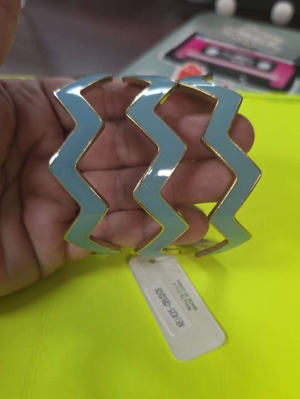 Gold Trim Light Blue Zigzag Hoop Earrings - Women Jewelry